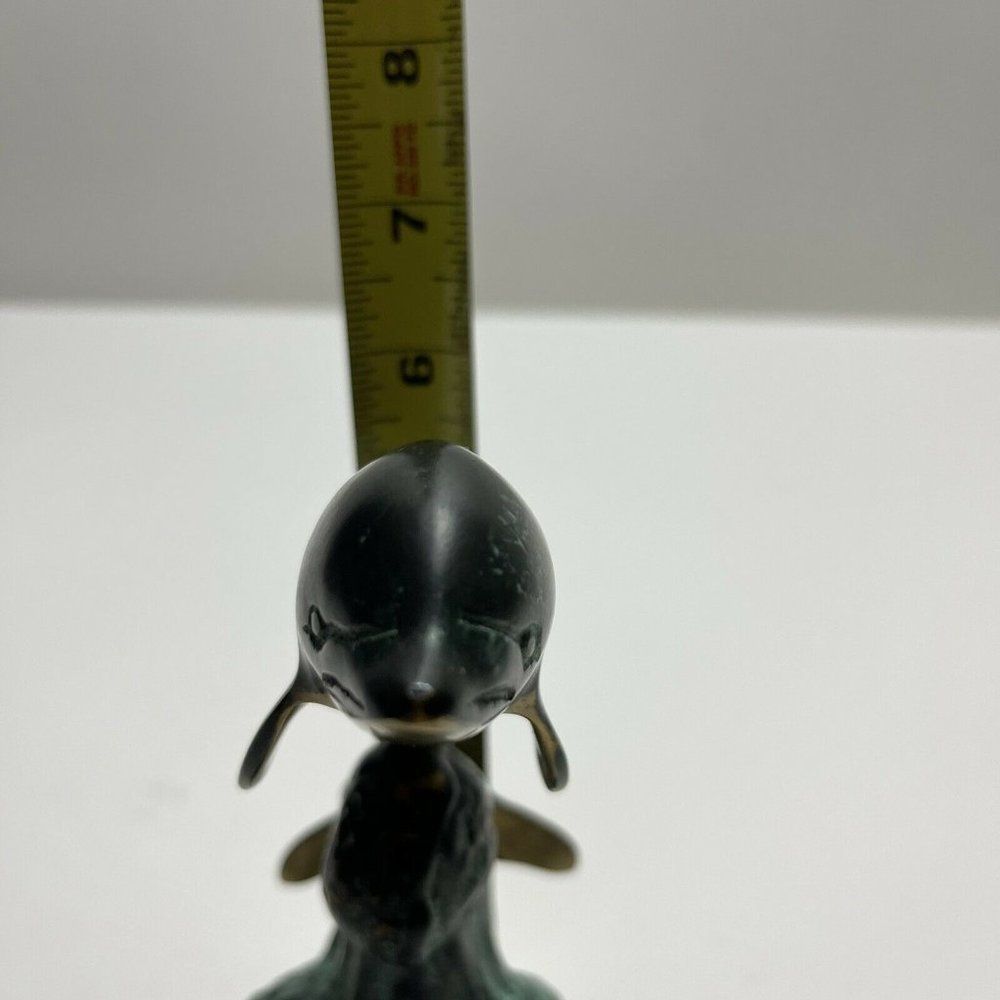 Brass Dolphin Statue Vintage Art Deco 6" High Brass Sculpture Patina Metal Base - Picture 7 of 10